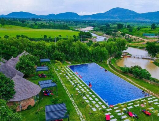 Almat farms swimming pool drone shot